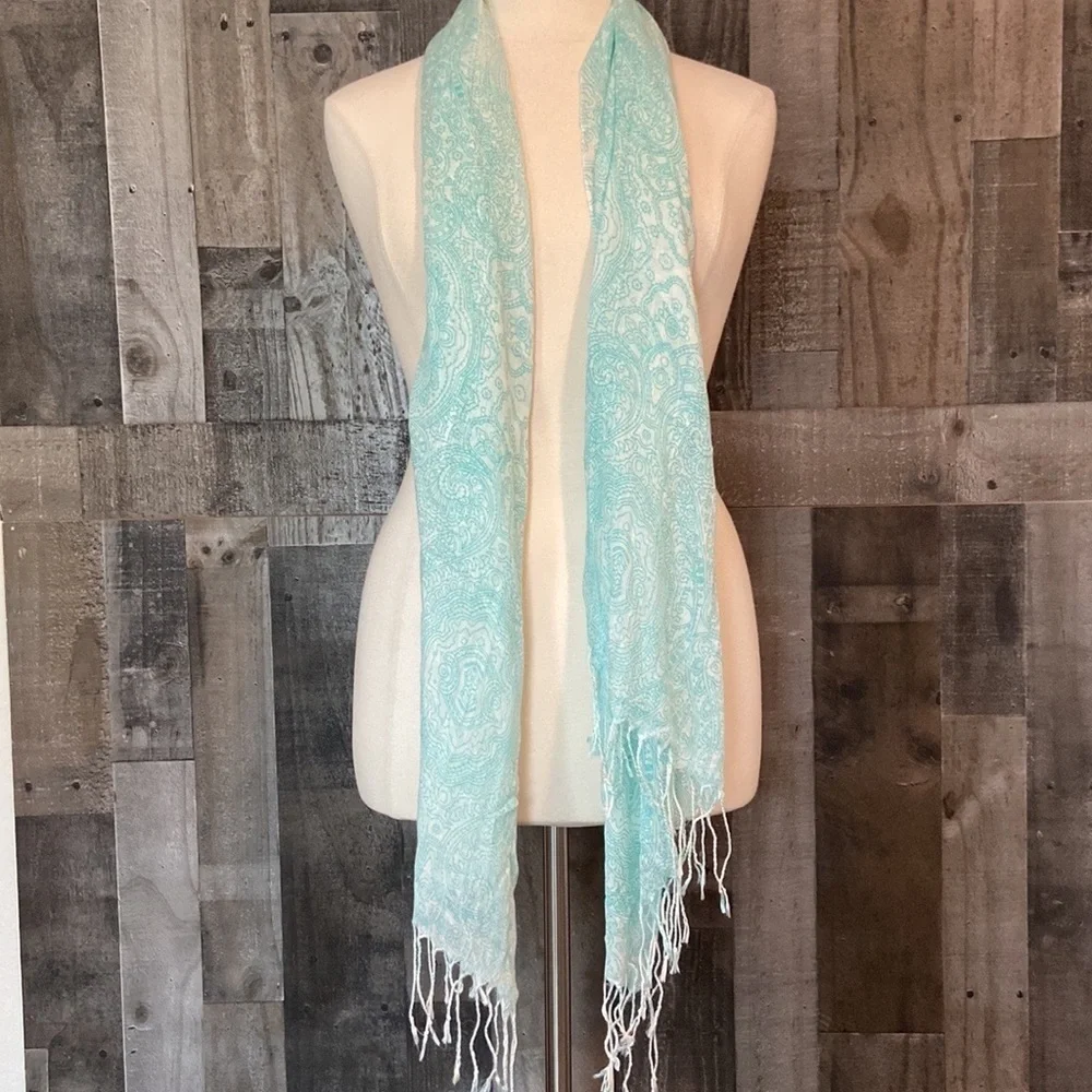 Blue white scarf floral paisley sheer lightweight festival boho quiet luxury